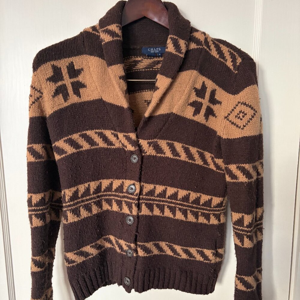 Chaps Wool Blend Cowichan Style Sweater Shwl Collar Western Aspen Cabin Size S
